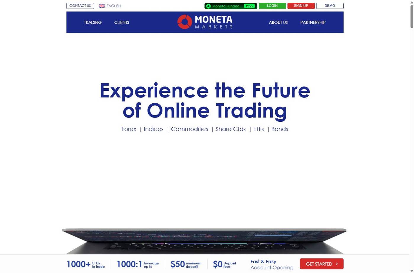 Screenshot of the Moneta Markets website